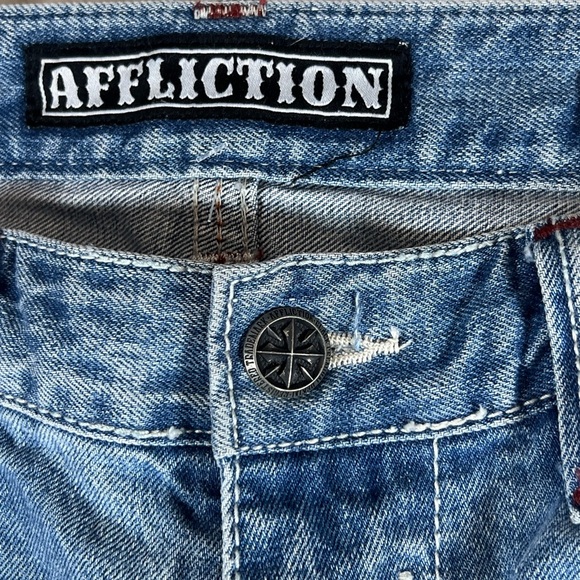 INSANE Y2K Affliction Black Premium BLAKE 34 Long Patch Distressed Jeans AC/DC - Picture 10 of 16